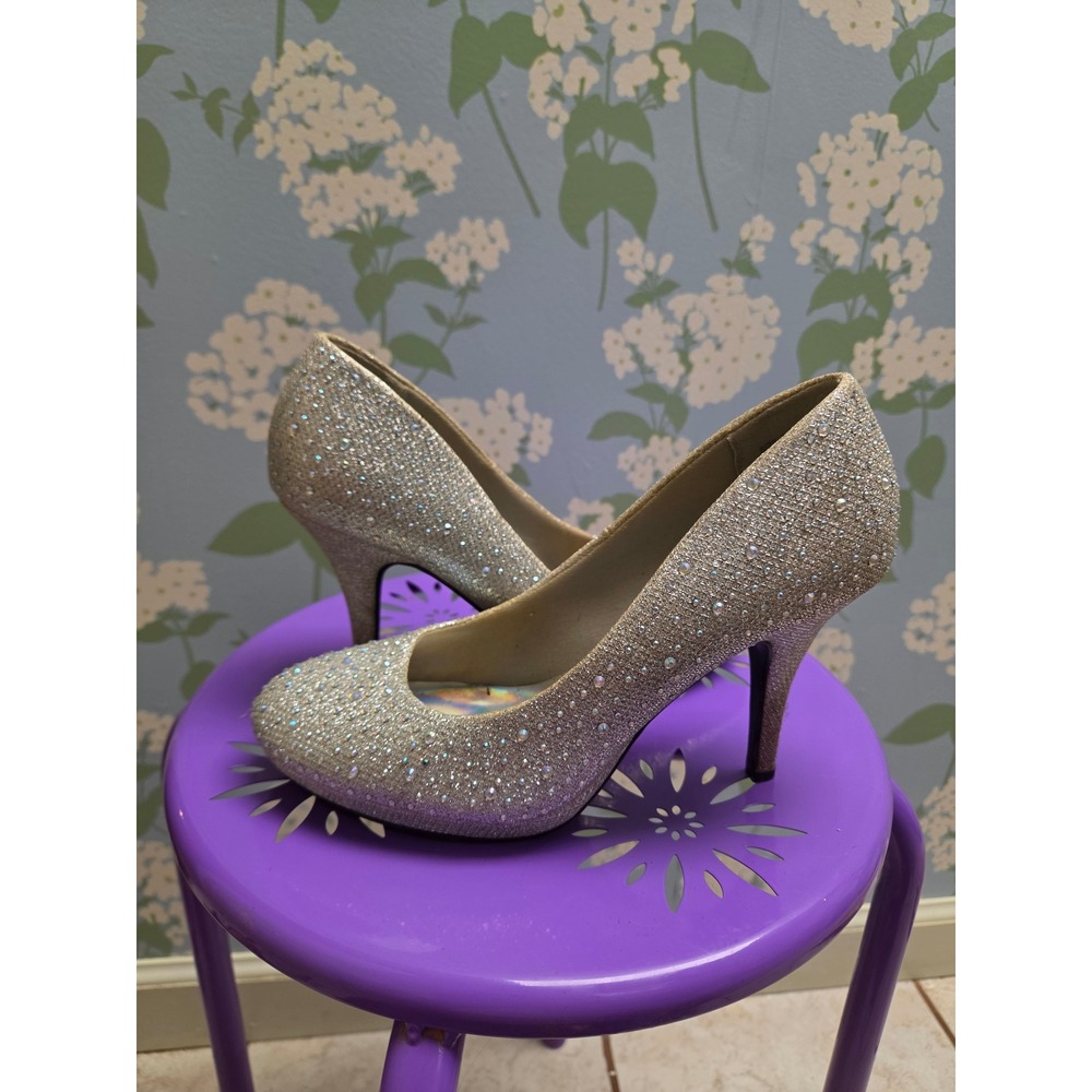 Silver Slipper Womens Glitter Rhinestone Platform Pumps Silver Stiletto Heels 7W